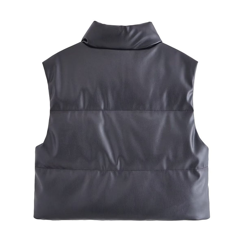 Women Cotton Coat Casual Stand Collar PU Leather Vest