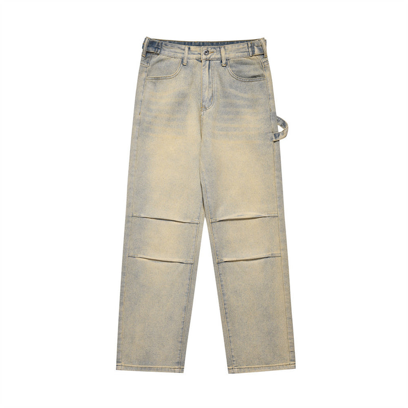 Men Jeans Yellow Mud Color Loose Pleated Slim Fit