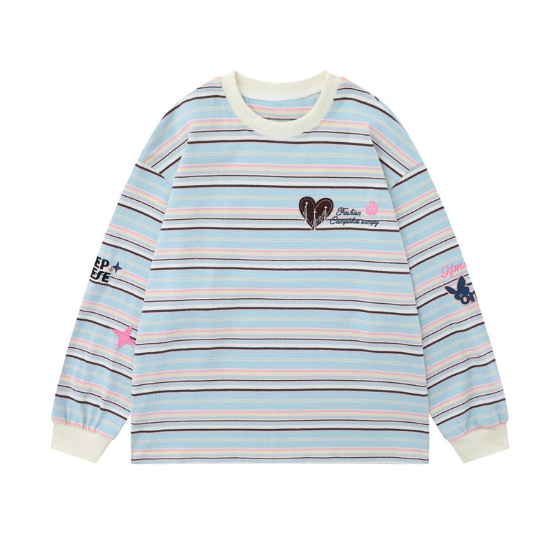 Men Long Sleeve T-Shirt Striped Embroidery