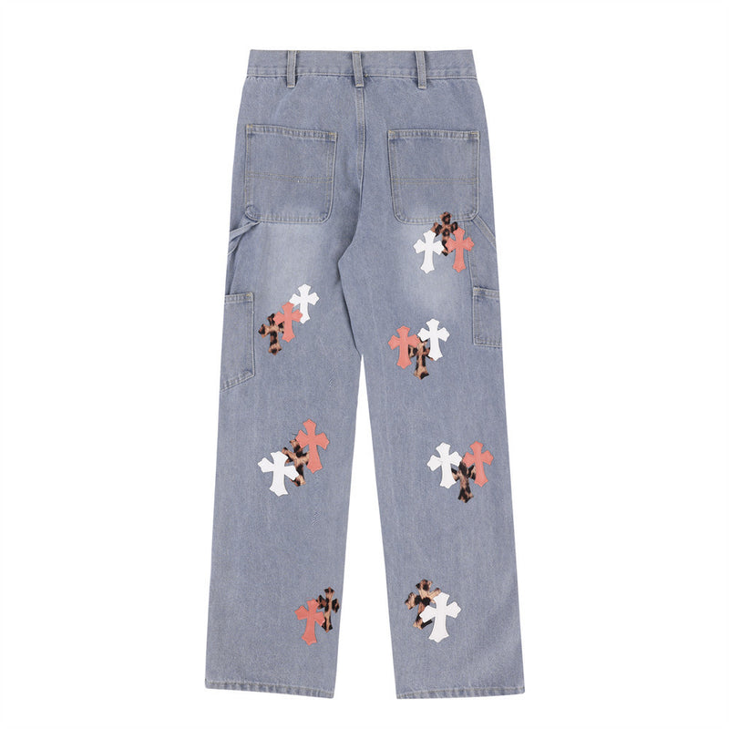 Men Jeans Leather Embroidered Cross Personality