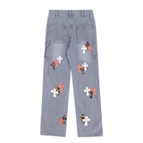 Men Jeans Leather Embroidered Cross Personality