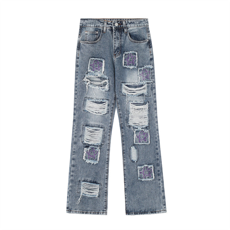Men Jeans Punk Hole & Patch Embroidery Worn out