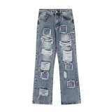 Men Jeans Punk Hole & Patch Embroidery Worn out