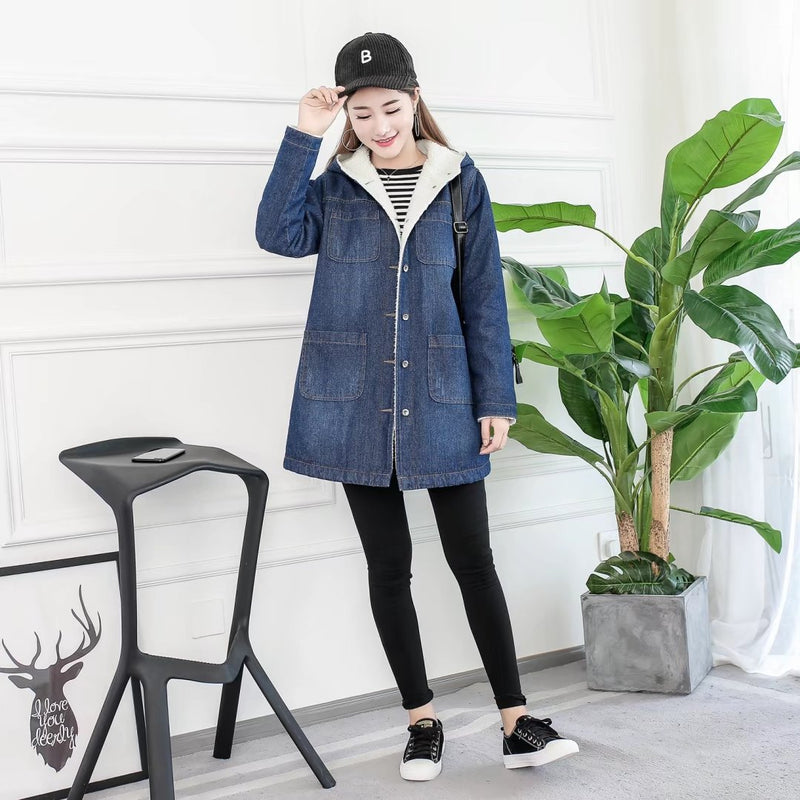Women Cotton Coat Winter Lamb Wool Denim Coat Loose and Warm