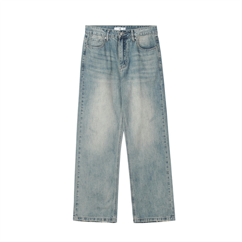 Men Jeans Brushed White Crumpled Retro Loose