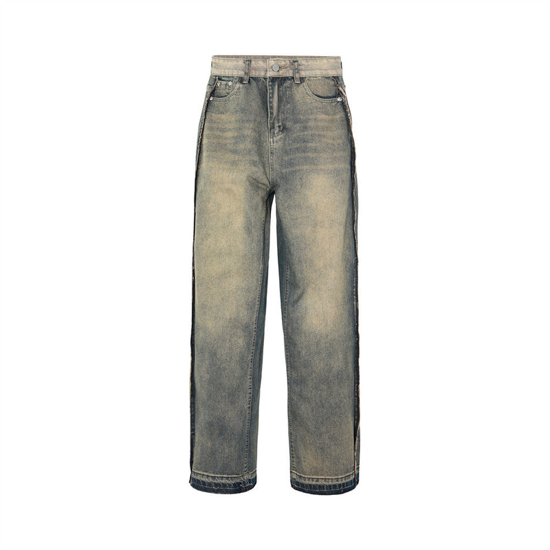 Men Jeans Distressed Raw Edges Patchwork Retro Loose