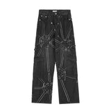 Men Jeans Spider Web Pattern Punk Style