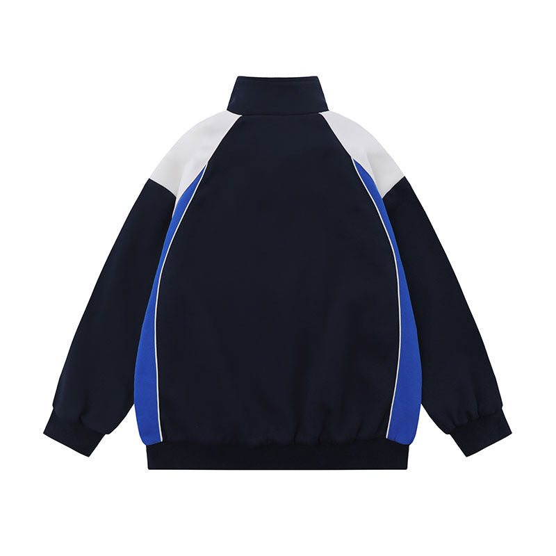 Women Jackets Color Stitching Stand-Collar Zipper Retro Sports