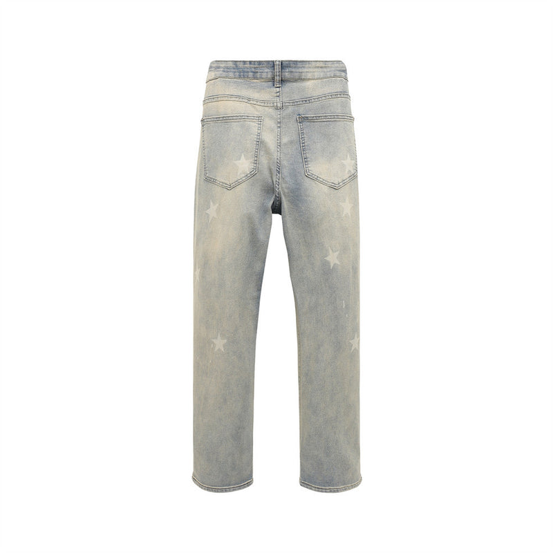 Men Jeans Star Printed Loose Retro Worn