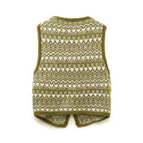 Women Vest Vintage Contrast Color Knitted Cardigan