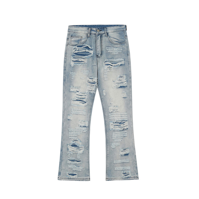 Men Jeans Ripped Bell-Bottom Pants Loose Casual