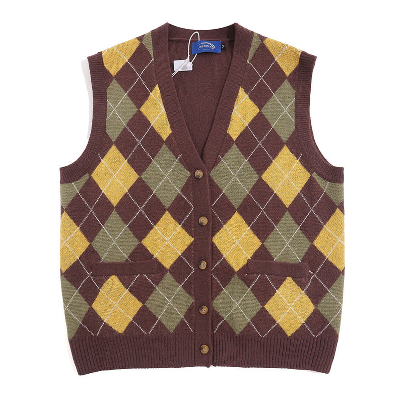 Men Sweater Diamond Plaid Woolen Vest Knitwear Sleeveless
