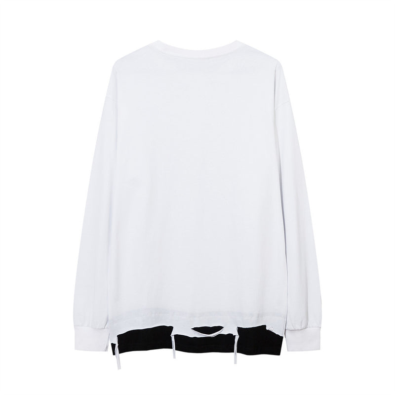 Men Long Sleeve T-Shirt Cut Broken Stitching Fake Two-Piece Personalized Necklace