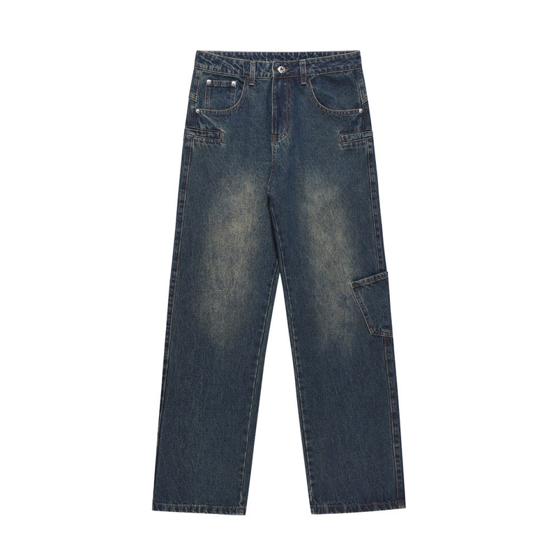 Men Jeans Cargo Pocket Polished White Loose
