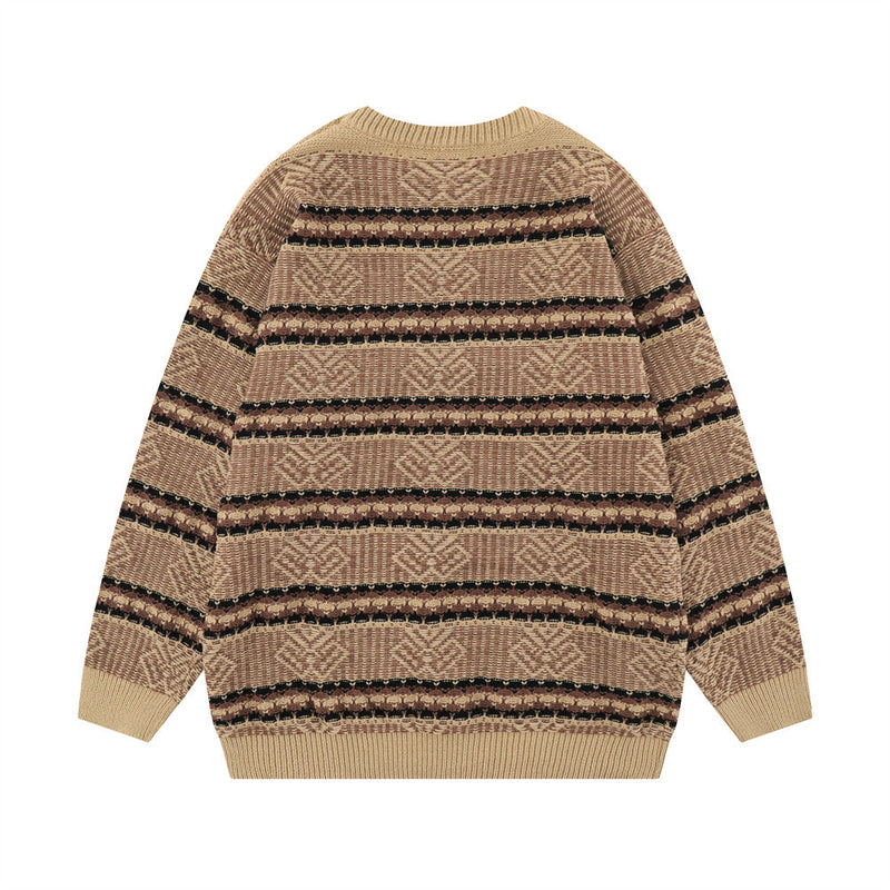 Men Sweater Striped Crocheted Crew Neck Sweater