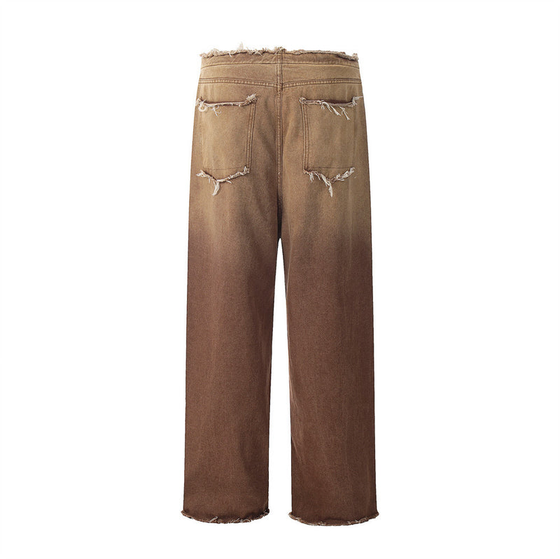 Men Jeans Gradient Color Loose Raw Hem Personality Design