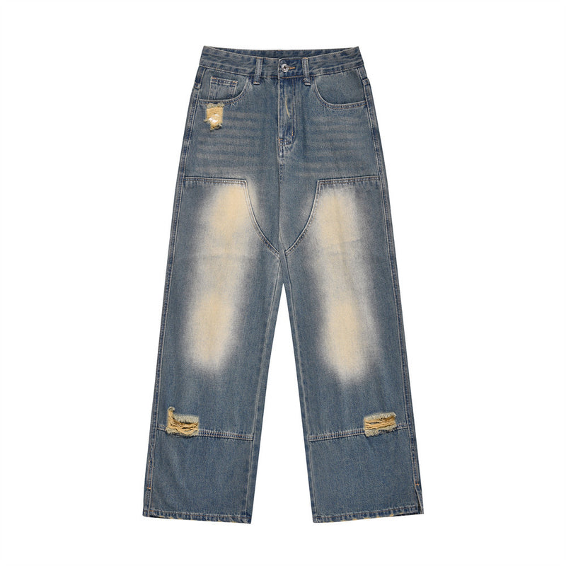 Men Jeans Inkjet White All-Matching Loose Casual Holes Worn
