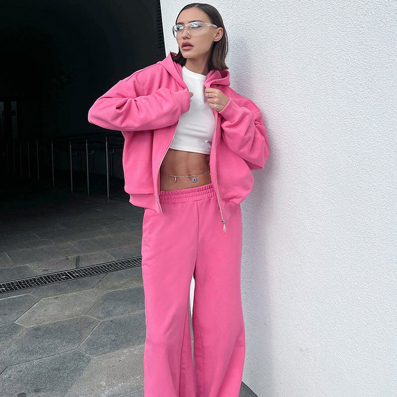 Women Co-Ords Hooded Fleece-lined Pink Sweatshirt Pants Casual