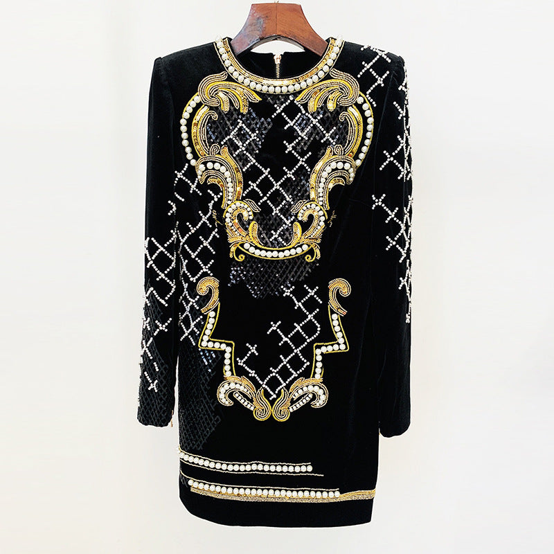Women Haute Couture Dresses Sequined Diamonds Beaded Gold Velvet