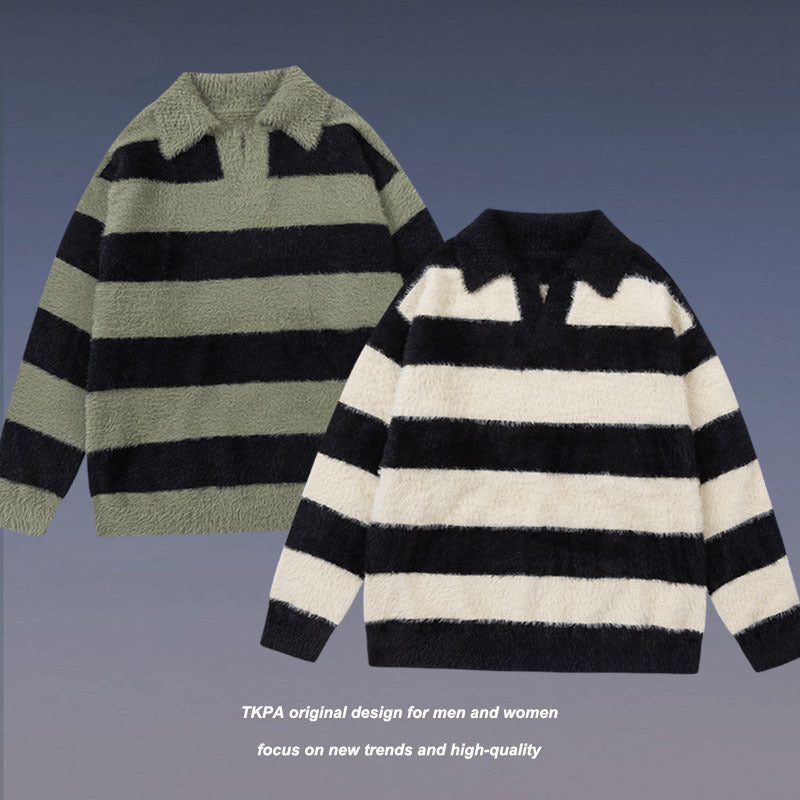 Women Sweater Autumn and Winter Striped Lapel Knitted