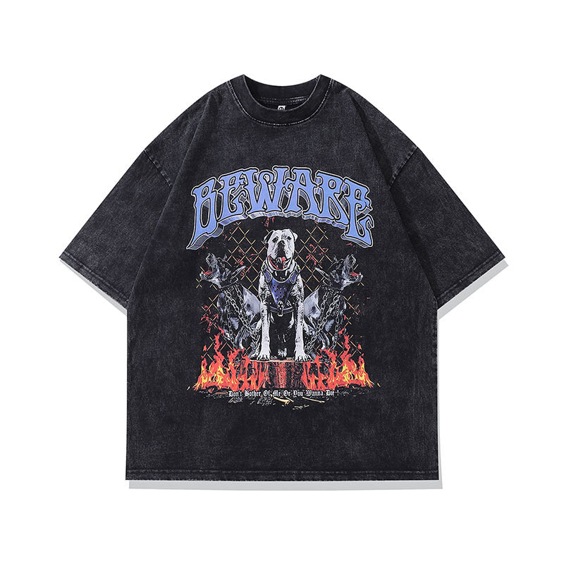 Men T-Shirt Flame Print Distressed Retro