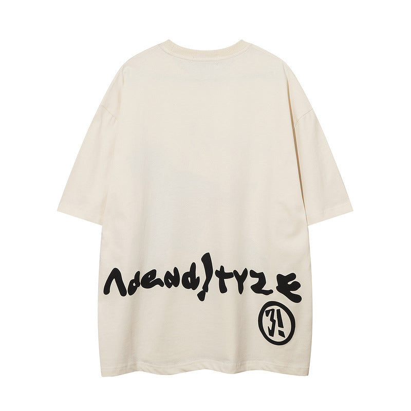 Men T-Shirt Retro Cartoon Puff Print Loose All-Match