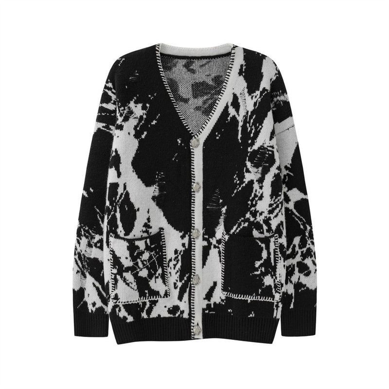 Men Sweater Stitching Jacquard V-neck Knitted Cardigan