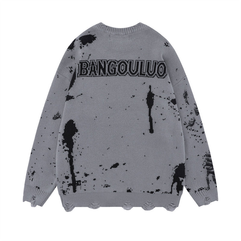 Men Sweater Splash-Ink Jacquard Ripped Crocheted Sweater