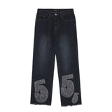 Men Jeans Frayed Hip Hop Embroidery Loose