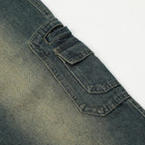 Men Jeans Retro Overalls Multi-Pocket Loose Raw Hem