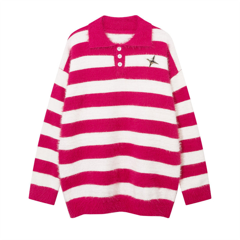 Men Sweater Striped with Fleece Lining Lapel Sweater KS005-20230908