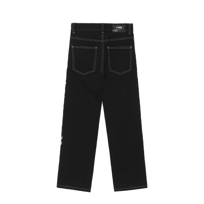 Men Jeans Side Character Embroidery Loose Casual