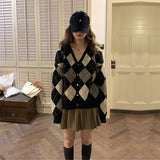 Women Knitted Cardigan Plaid Knitted Loose Vintage