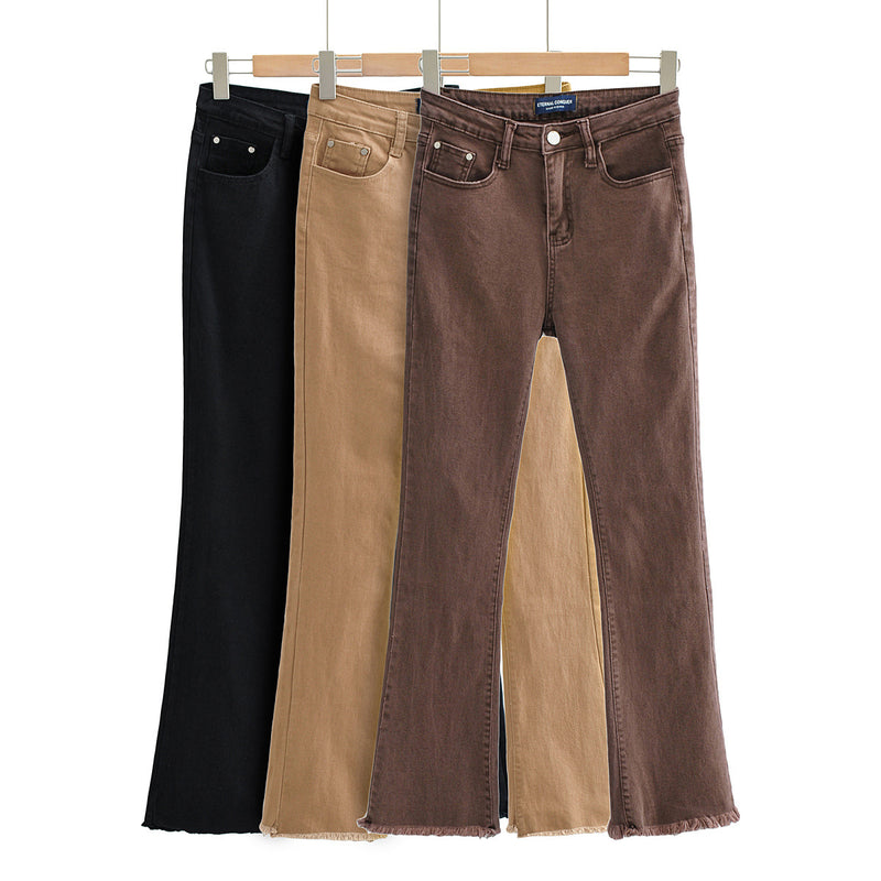 Women Jeans Retro Frayed Flared Pants Slim Stretch