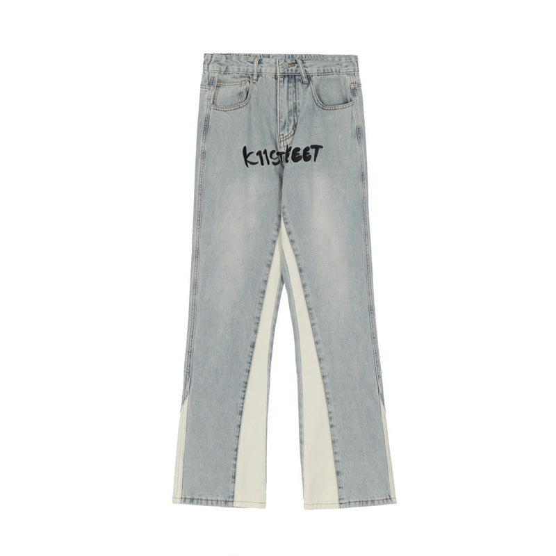 Men Jeans Stitching Wide Leg Leisure Embroidery Word Casual