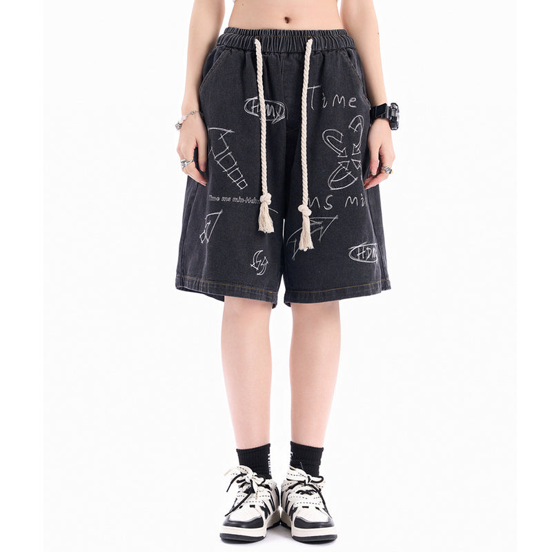 Men Shorts Crow Embroidered Denim Shorts Summer Casual Elastic Waist