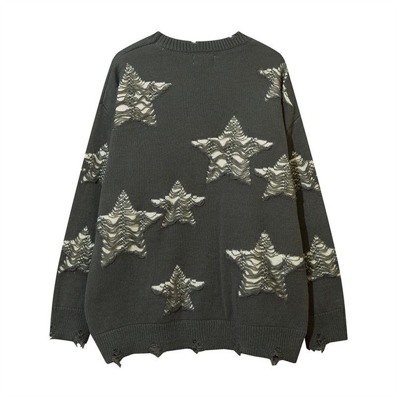 Men Sweater Five-Pointed Star Ripped Crocheted round Neck Sweater Loose