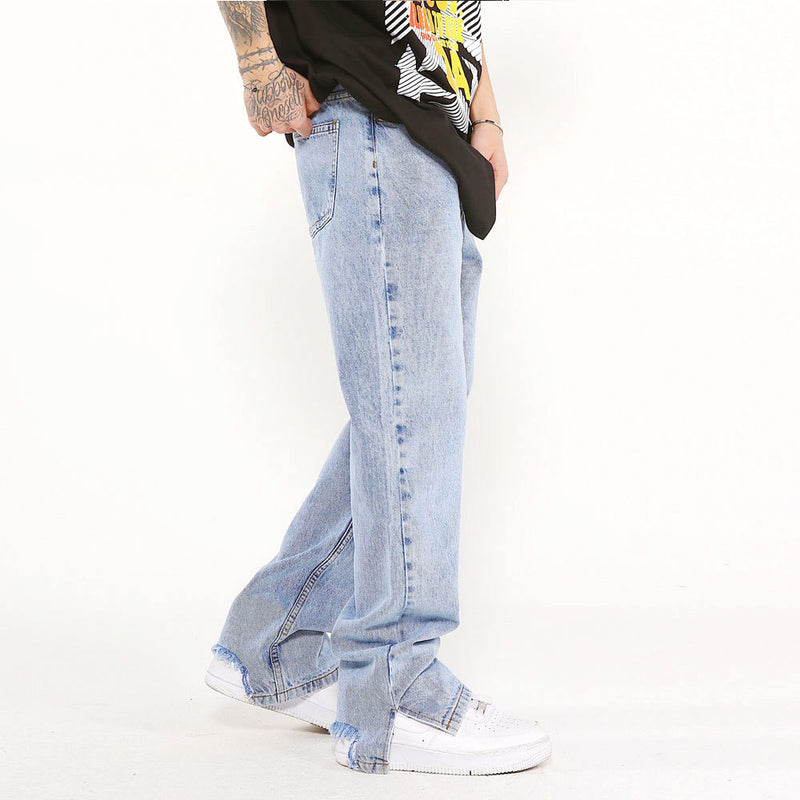 Men Jeans Solid Color Loose Worn Hem Slit