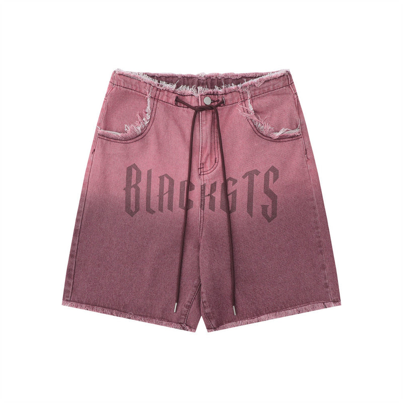 Men Shorts Tie-Dye Gradient Denim Loose Raw Hem