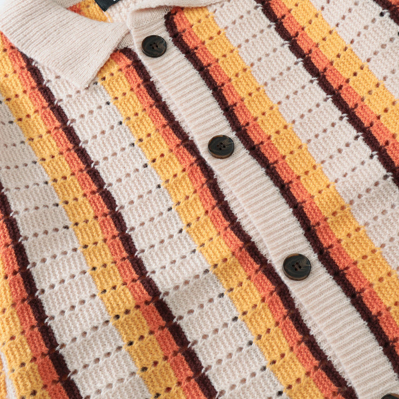Men Sweater Crocheted Striped Hollow Lapel Knitted Cardigan