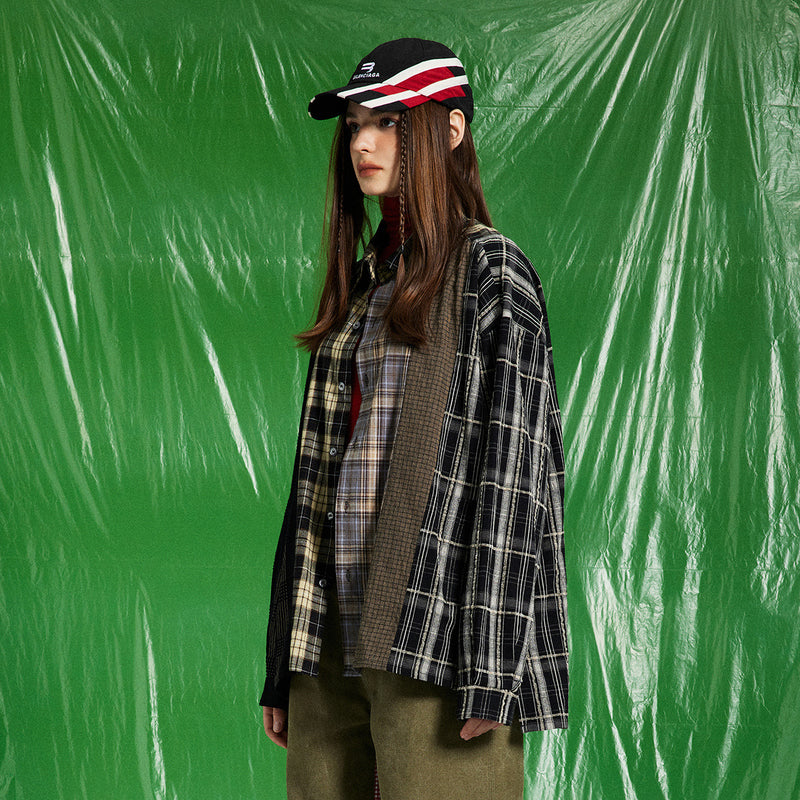 Unisex Shirt Spliced Plaid Blouse Casual Loose