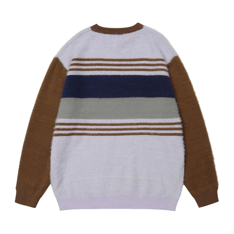 Men Sweater Fleece Base Patchwork Stripes Sweater