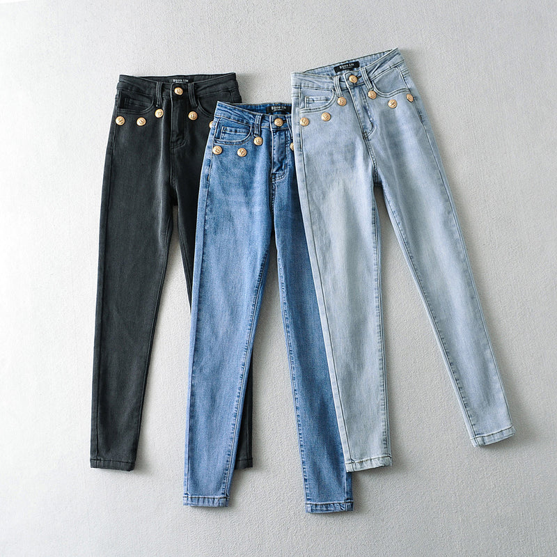 Women Jeans Stretch Slim Gold Buckle Decoration