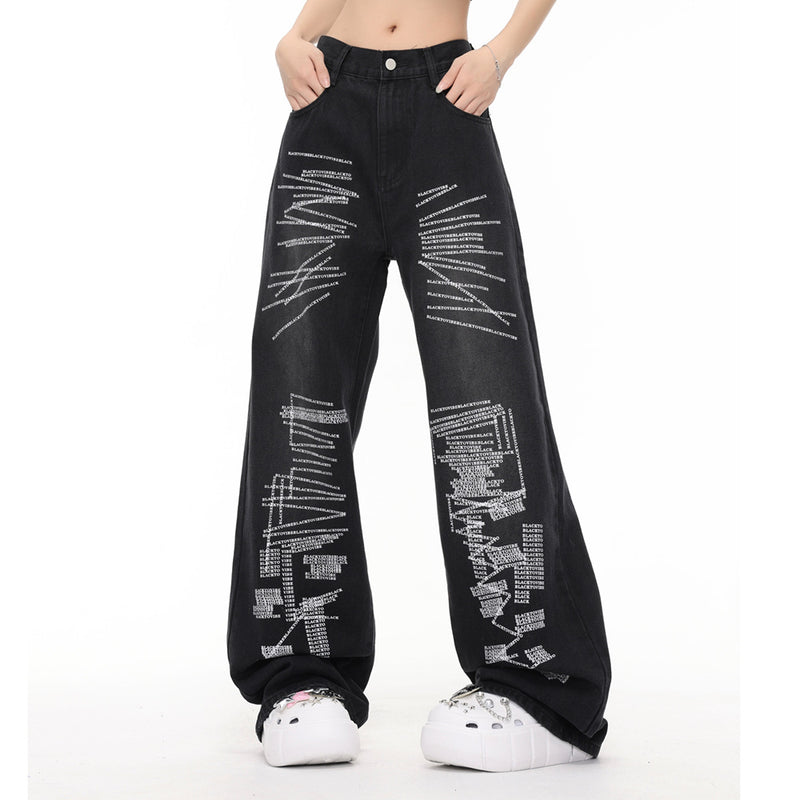 Men Jeans Graffiti Letter Print Loose