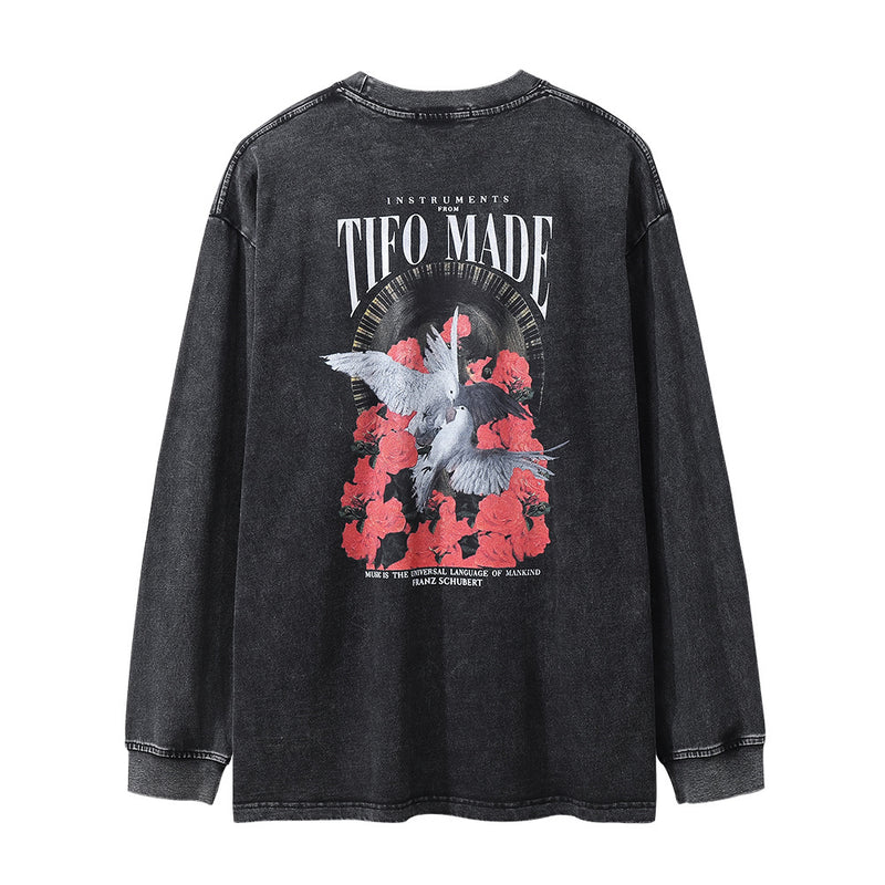 Men Long Sleeve T-Shirt Peace Dove Rose Print Distressed Loose