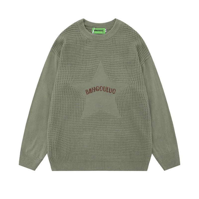 Men Sweater Five-Pointed Star Sunken Stripe-Lift Sweater Pullover Men