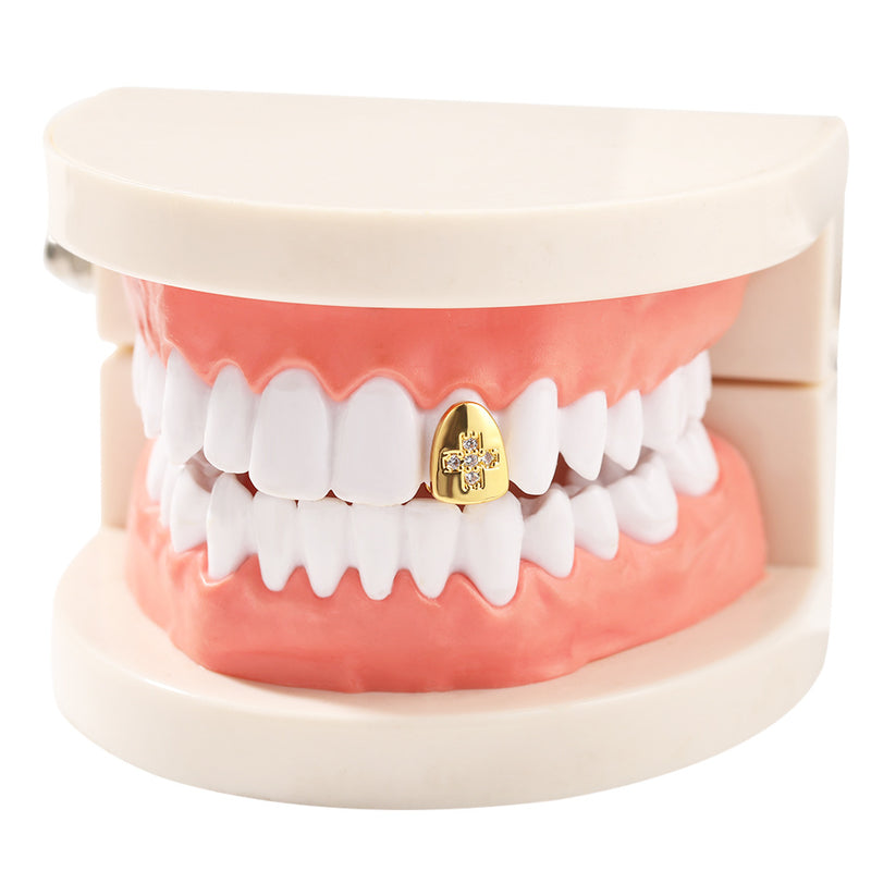 Grillz Micro Zircon Cross Single Tooth Gold Braces Spectrum