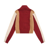 Women Sweater Color Matching College Fan Cardigan Zipper Stand Collar