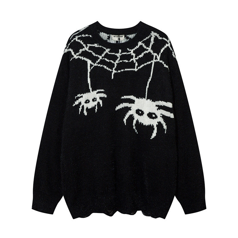 Men Sweater Spider Web Velvet Padded Sweater Hole