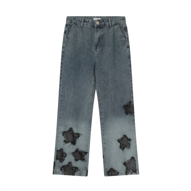Men Jeans Five-Pointed Star Patch Gradient Color Loose Casual